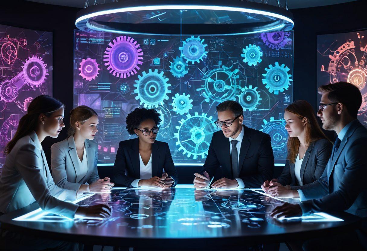 A dynamic scene showing a diverse group of professionals brainstorming around a futuristic table with holographic displays showcasing innovative strategies and digital solutions. Include visuals of gears representing progress, light bulbs for creative ideas, and digital interfaces glowing. The background should convey a sense of growth and transformation with abstract patterns. vibrant colors. super-realistic.