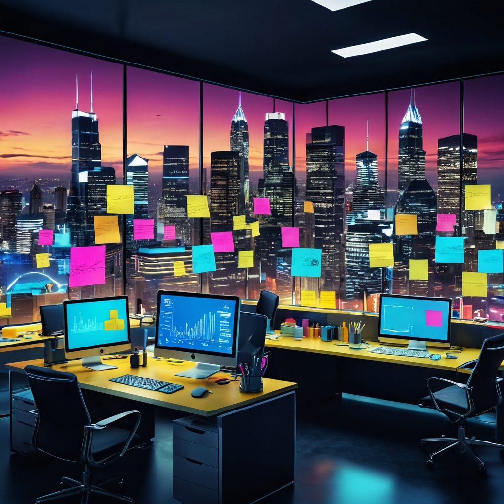 A dynamic workspace showcasing diverse professionals collaborating on high-tech solutions, with digital graphs and innovative tools floating around them. Brightly colored post-it notes and futuristic devices surround them, symbolizing creativity and efficiency. The background displays a skyline of a modern city, emphasizing growth. super-realistic. vibrant colors. 3D.